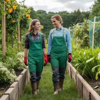 Die beiden Gärtnerinnen tragen rote Handschuhe und genießen die frische Luft, während sie durch die grüne Gartenlandschaft spazieren.