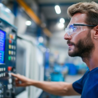 Ein konzentrierter Mann mit Brille bedient eine moderne Maschinensteuerung in einer hellen Fabrikhalle.