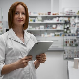 Eine junge Frau in einem weißen Kittel hält ein Tablet in der Apotheke, umgeben von Regalen voller Medikamente.