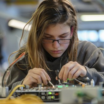 Mit einem ernsten Gesichtsausdruck montiert ein Mädchen elektronische Komponenten, während sie sich auf ihre Aufgabe konzentriert.