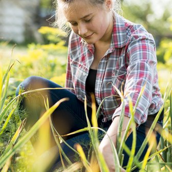 Eine lächelnde Jugendliche mit einem Dutt konzentriert sich auf das Jäten von Unkraut in einem lebhaften, grünen Garten.