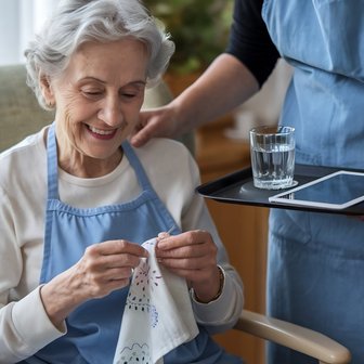 In einem hellen Raum sitzt eine fröhliche Seniorin, die ein Tuch bestickt, während eine Betreuerin ihr zur Seite steht.