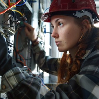 Eine junge Frau mit rotem Helm und Handschuhen arbeitet konzentriert an einem elektrischen Schaltschrank.