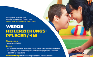  Hallo Viktor,  anbei der Flyer und ein kleiner Text (für social media geeignet, allerdings weiß ich nicht, ob das so auf die Homepage darf...?):  Ausbildung in der Heilerziehungspflege - es gibt noch freie Plätze!